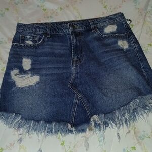 7 For All Mankind Dark Blue Distressed Denim Skirt